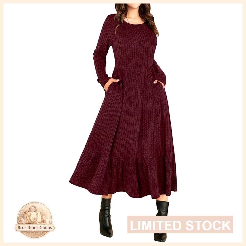 Long Sleeve Midi Dress Rib Knit Crew Neck A Line Soft Flowy Swing Casual